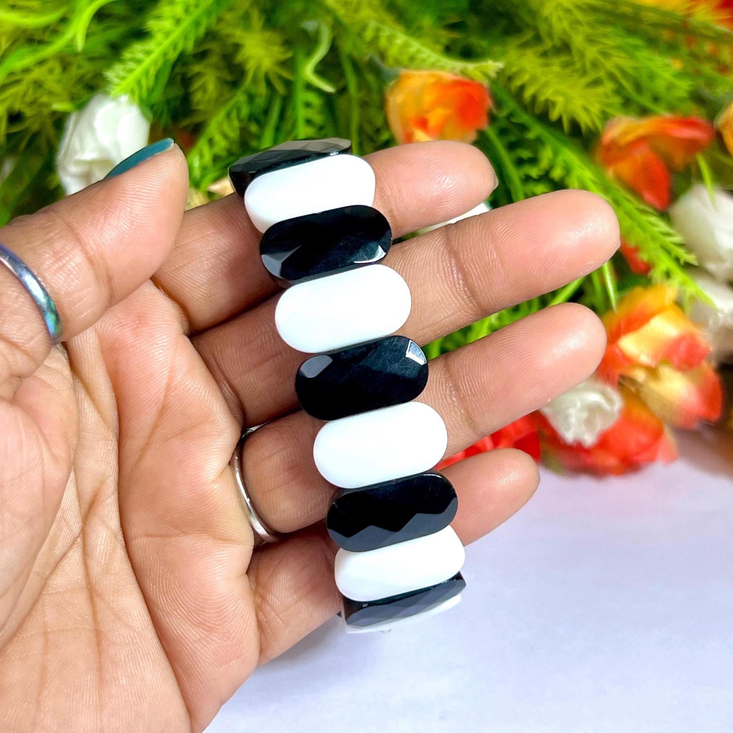 20 MM Black Azeztulite and White Azeztulite Stone Bracelet l Stretchable Bracelet