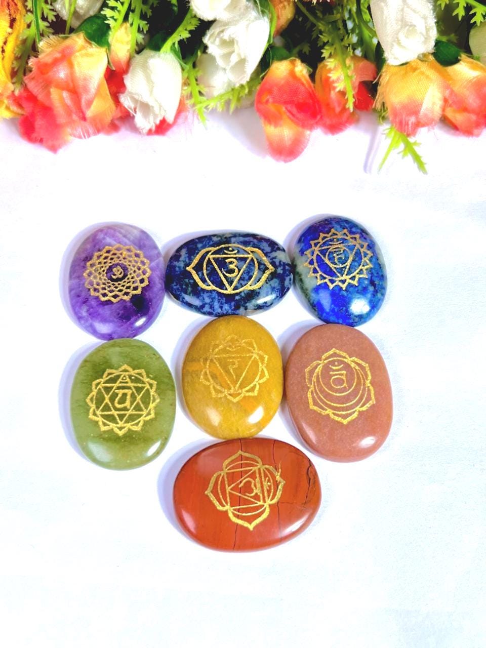 7 Seven Chakra Stones Reiki Symbol Oval Set With Switch Words, Engraved Healing Crystals Chakra Kit With Gift Pouch