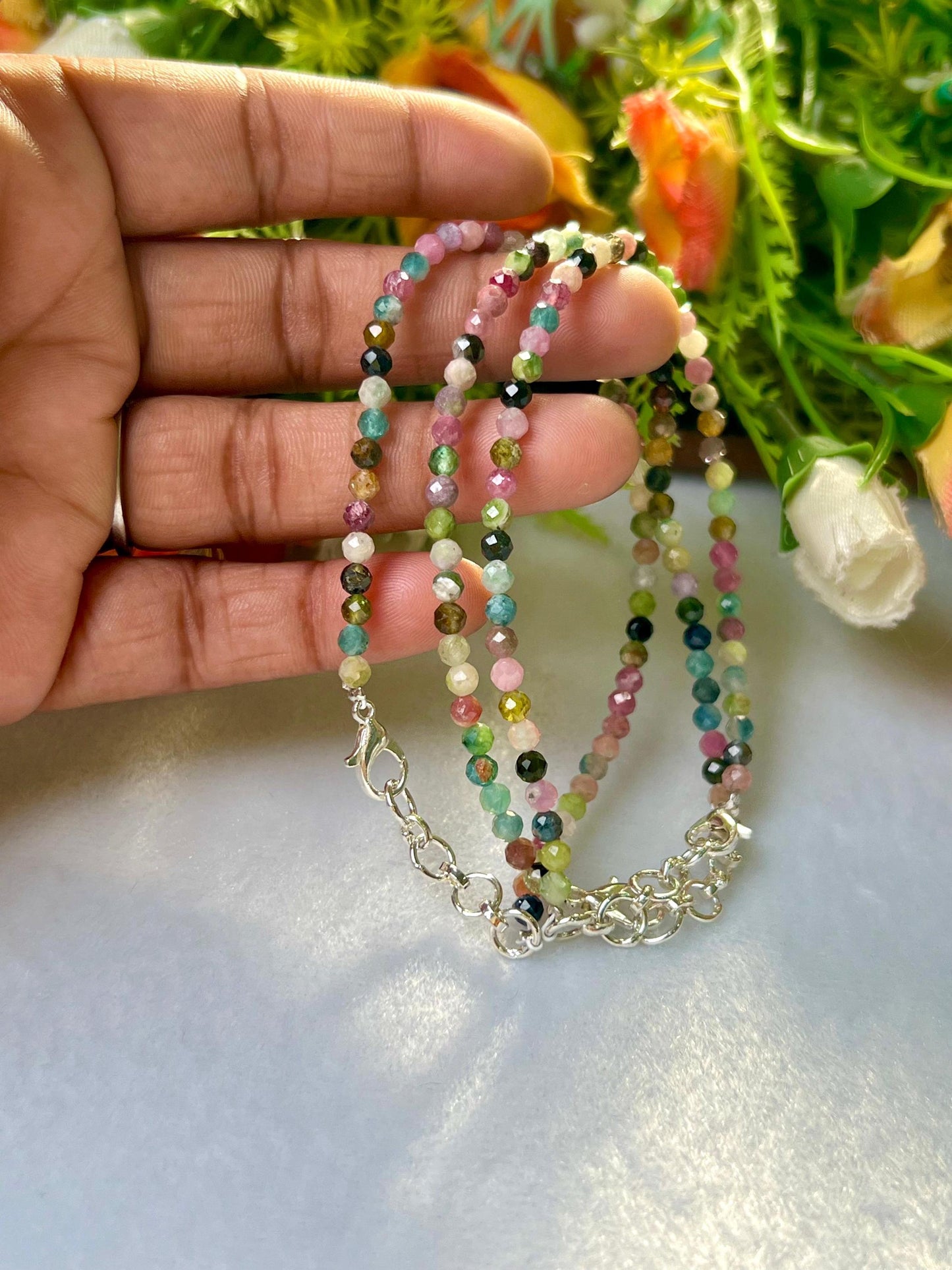 2 MM Delicate Watermelon Tourmaline Cutting Stone Minimalist Bracelet Dainty Bracelet Fit for 6 Inch to 7.5 Inch Wrist
