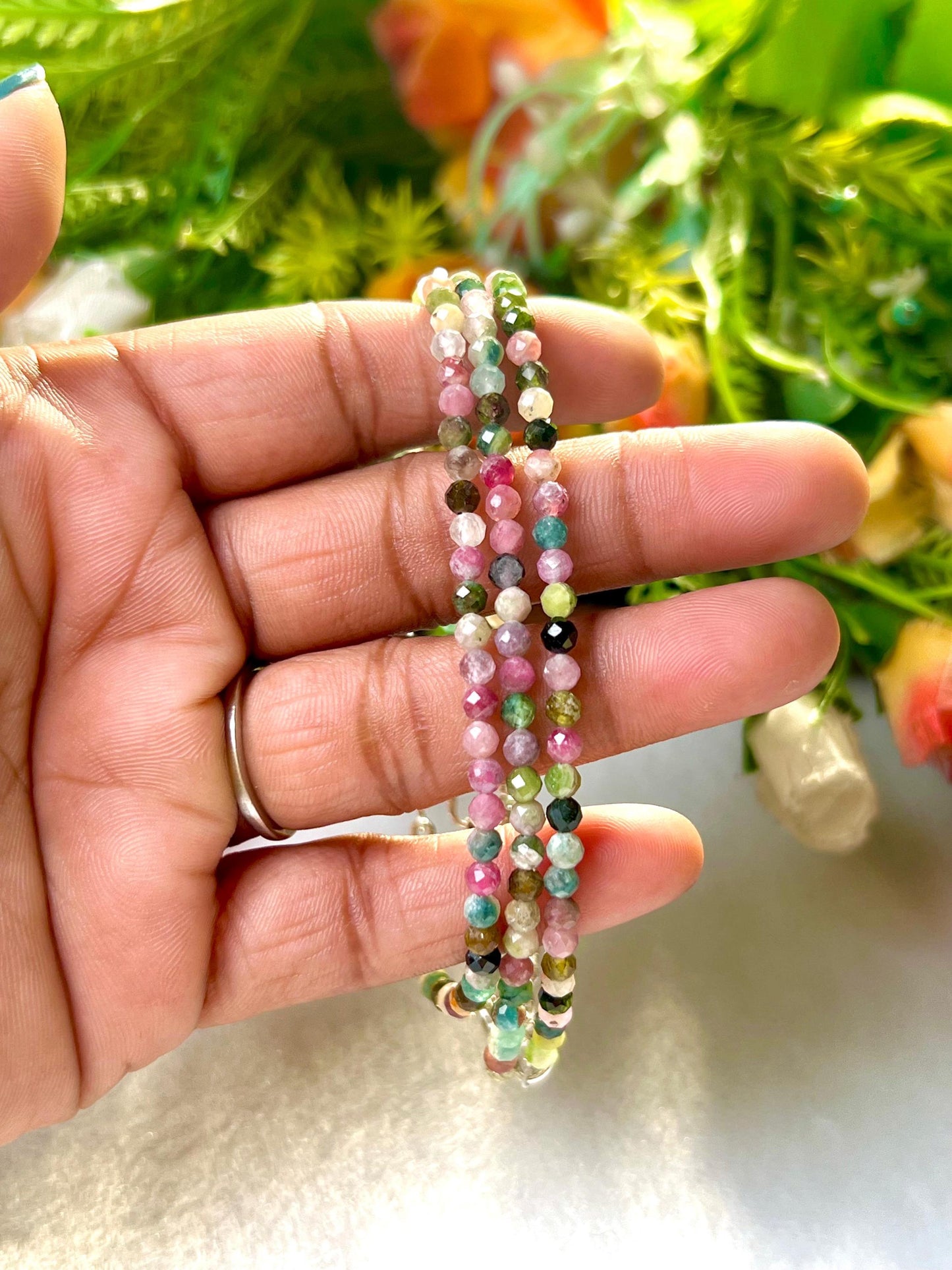 2 MM Delicate Watermelon Tourmaline Cutting Stone Minimalist Bracelet Dainty Bracelet Fit for 6 Inch to 7.5 Inch Wrist