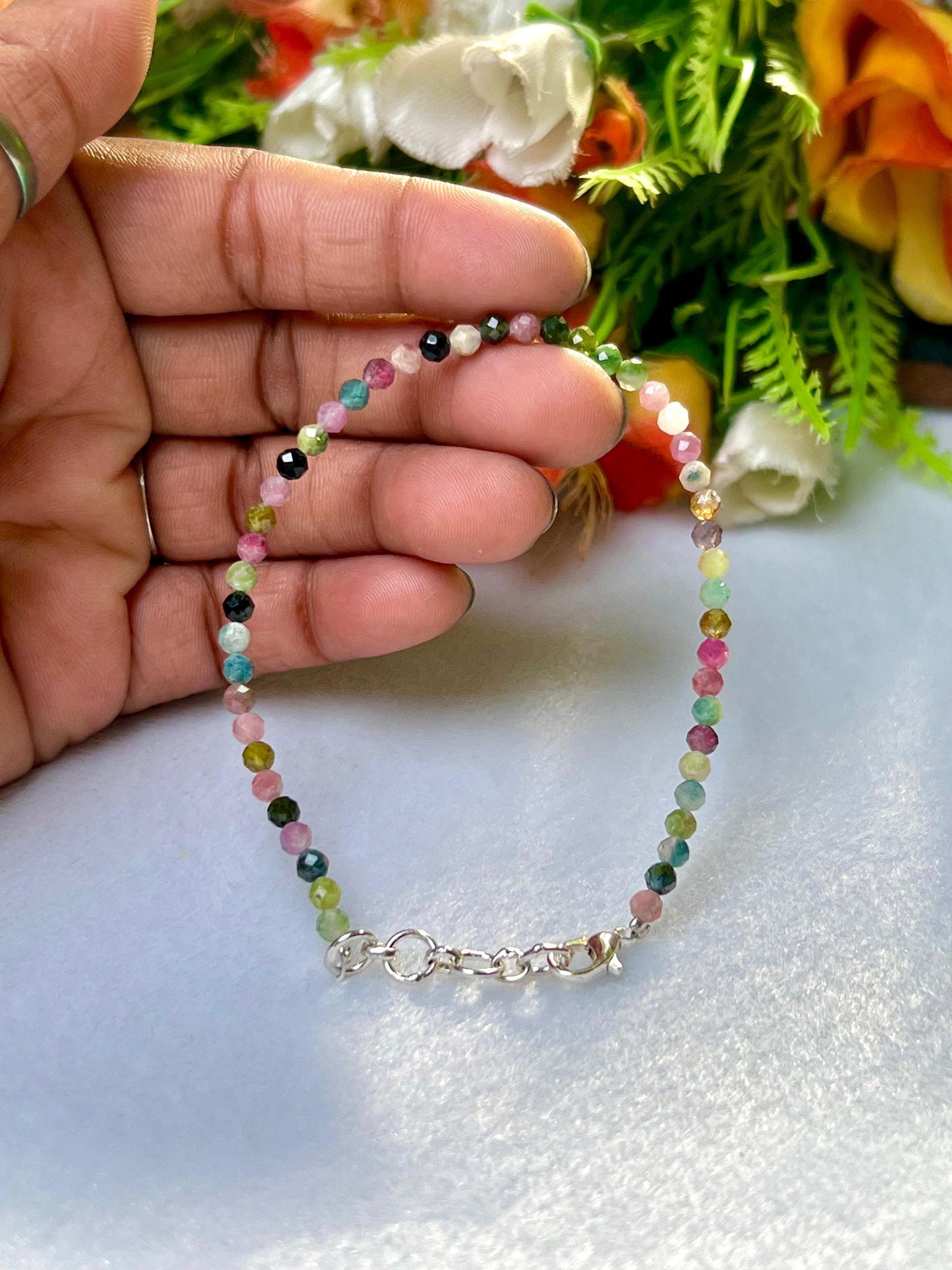 2 MM Delicate Watermelon Tourmaline Cutting Stone Minimalist Bracelet Dainty Bracelet Fit for 6 Inch to 7.5 Inch Wrist