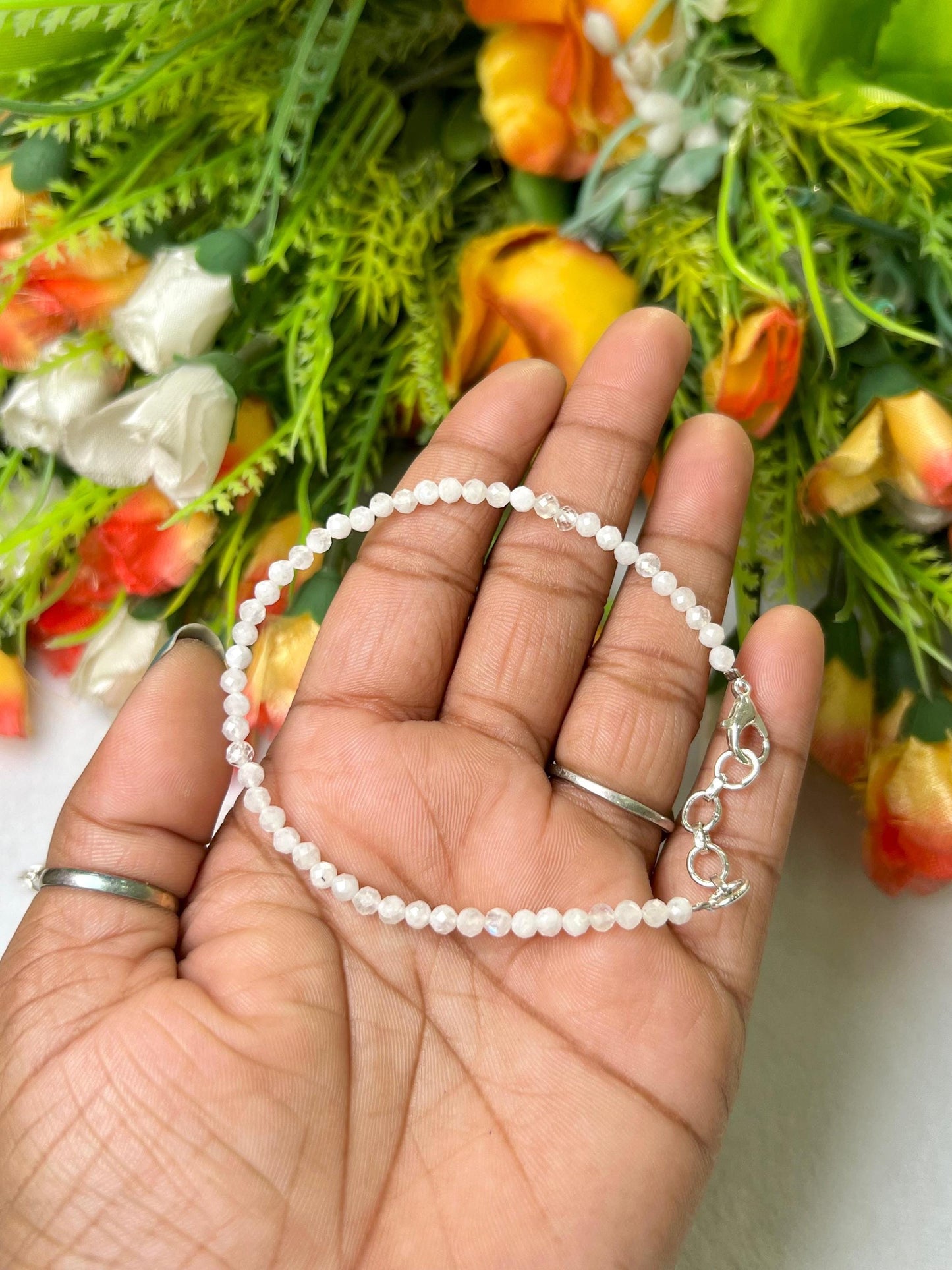 2 MM Delicate Rainbow Moonstone Cutting Stone Minimalist Bracelet Dainty Bracelet Fit for 6 Inch to 7.5 Inch Wrist
