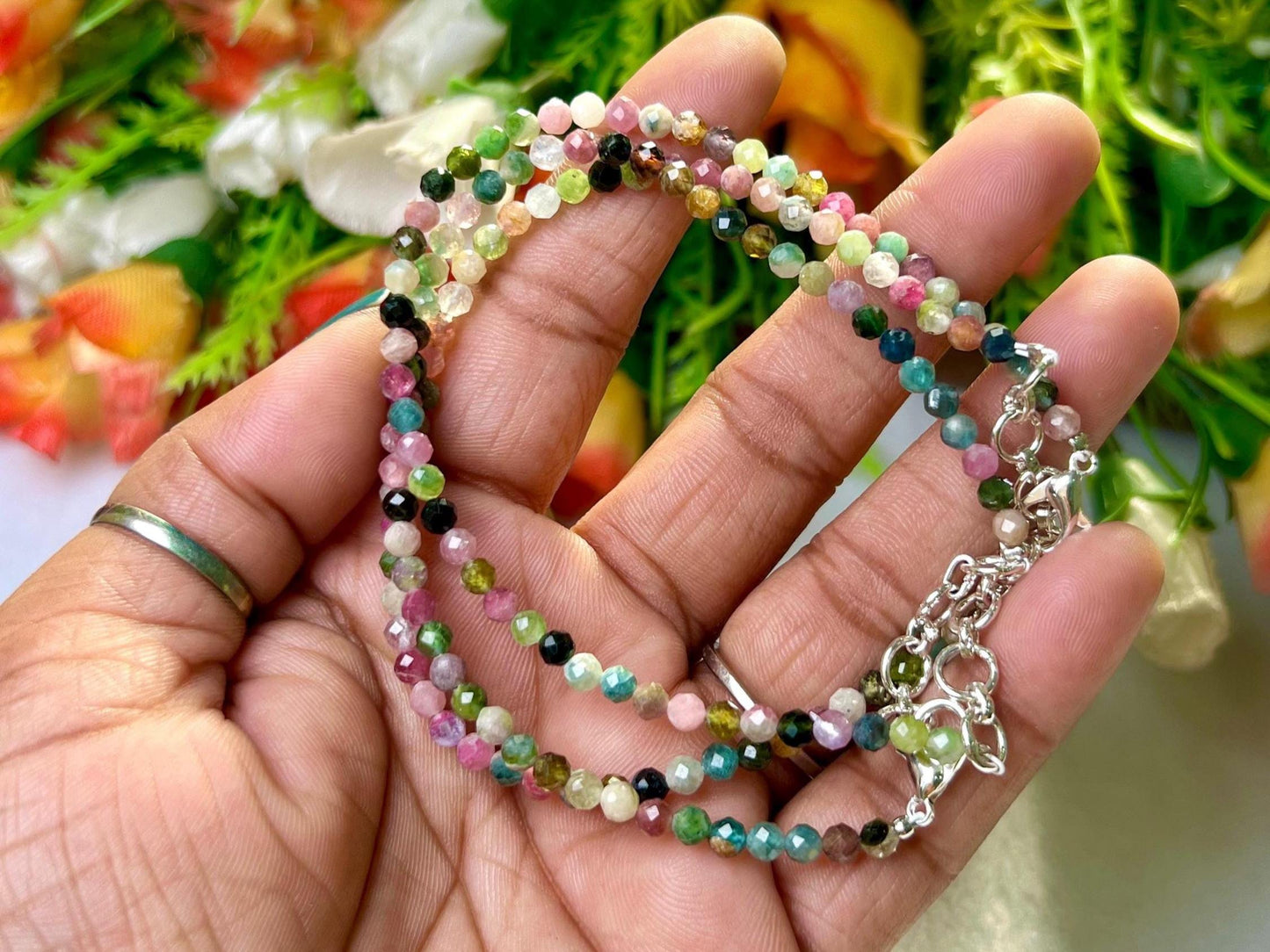 2 MM Delicate Watermelon Tourmaline Cutting Stone Minimalist Bracelet Dainty Bracelet Fit for 6 Inch to 7.5 Inch Wrist