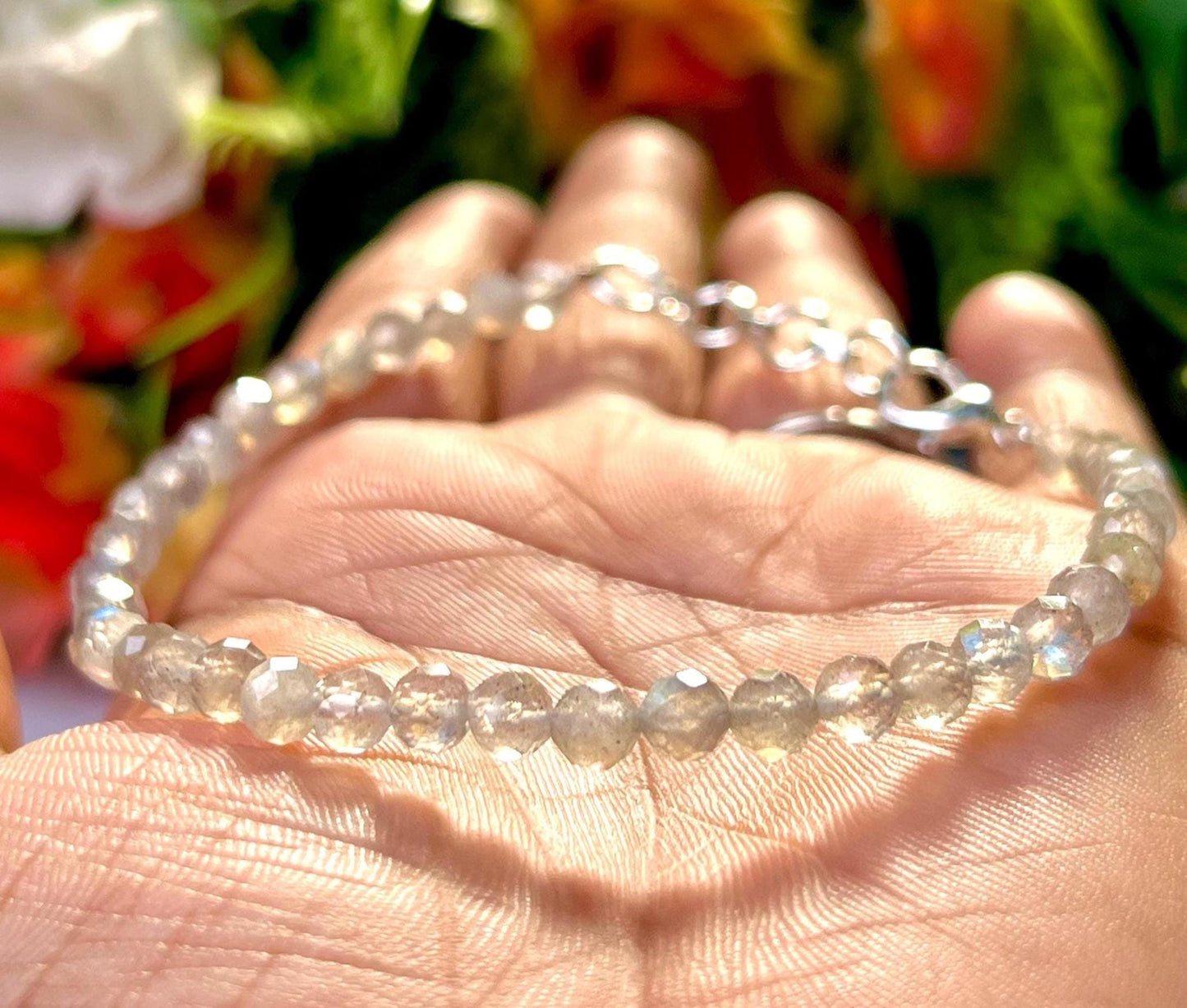 4 MM Delicate Labradorite Cutting Stone Minimalist Bracelet Dainty Bracelet Fit for 6 Inch to 7.5 Inch Wrist