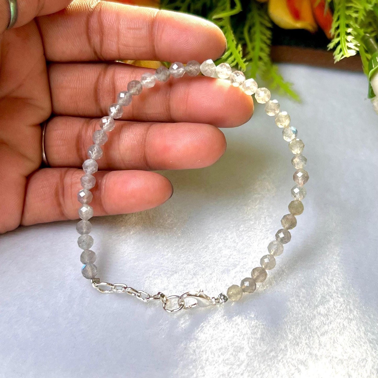 4 MM Delicate Labradorite Cutting Stone Minimalist Bracelet Dainty Bracelet Fit for 6 Inch to 7.5 Inch Wrist