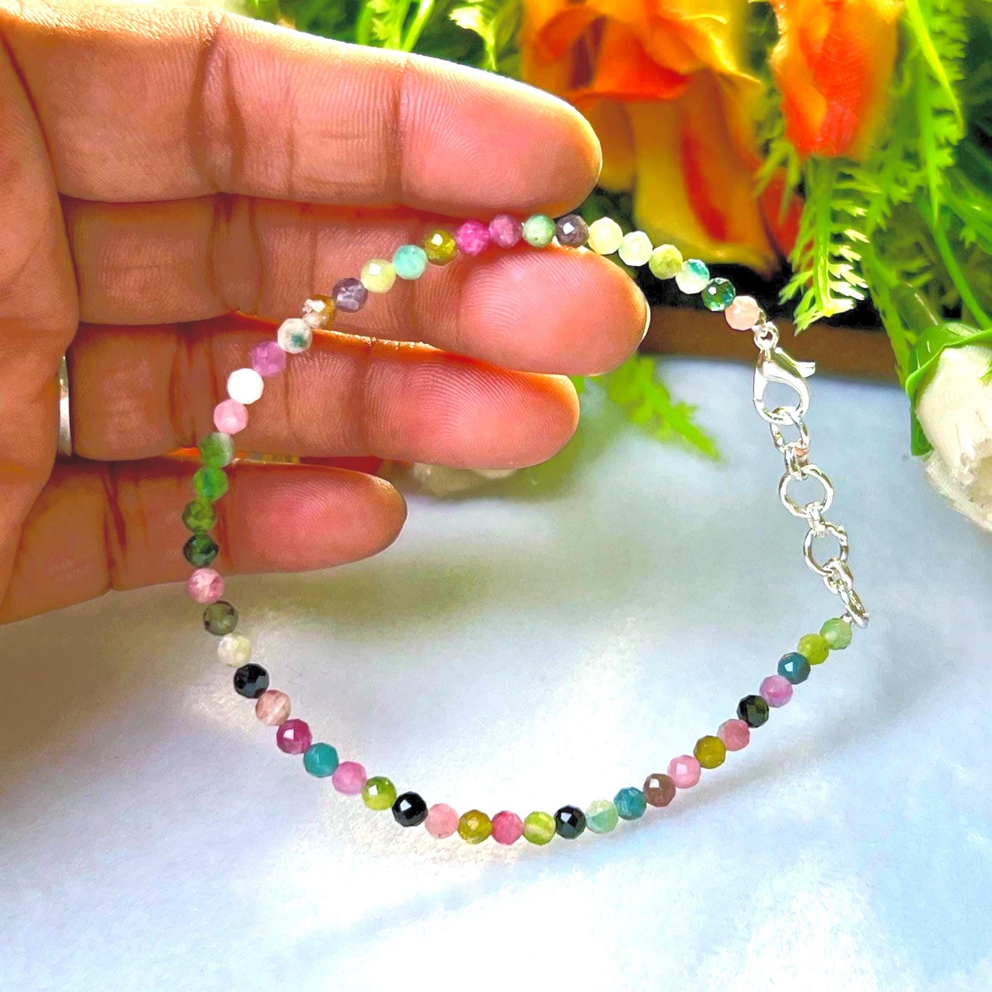 2 MM Delicate Watermelon Tourmaline Cutting Stone Minimalist Bracelet Dainty Bracelet Fit for 6 Inch to 7.5 Inch Wrist