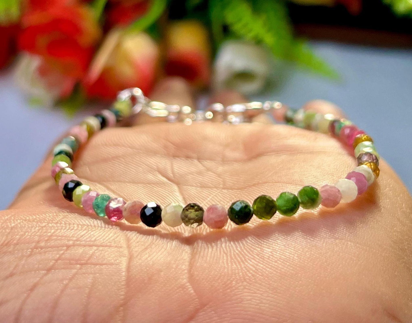 2 MM Delicate Watermelon Tourmaline Cutting Stone Minimalist Bracelet Dainty Bracelet Fit for 6 Inch to 7.5 Inch Wrist
