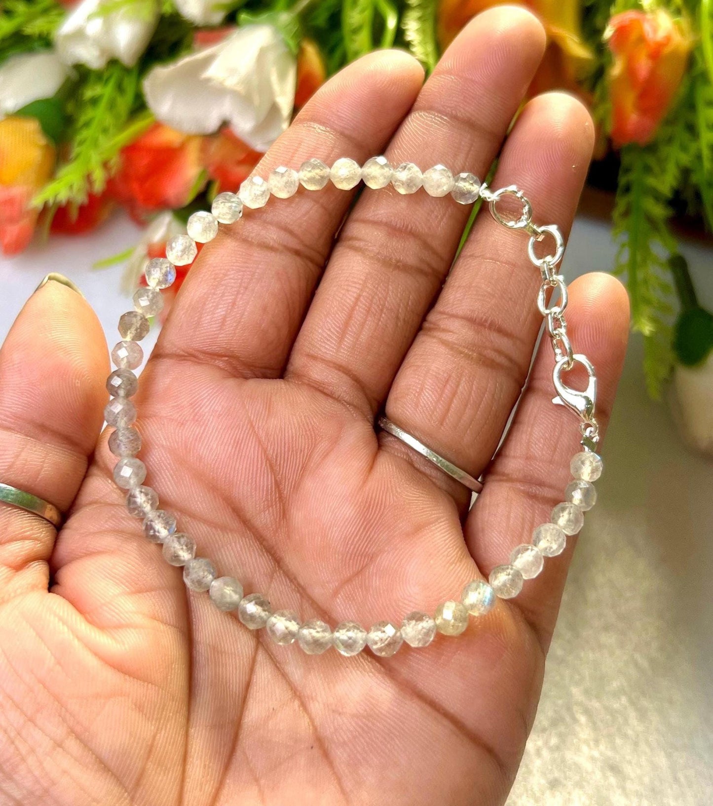 4 MM Delicate Labradorite Cutting Stone Minimalist Bracelet Dainty Bracelet Fit for 6 Inch to 7.5 Inch Wrist