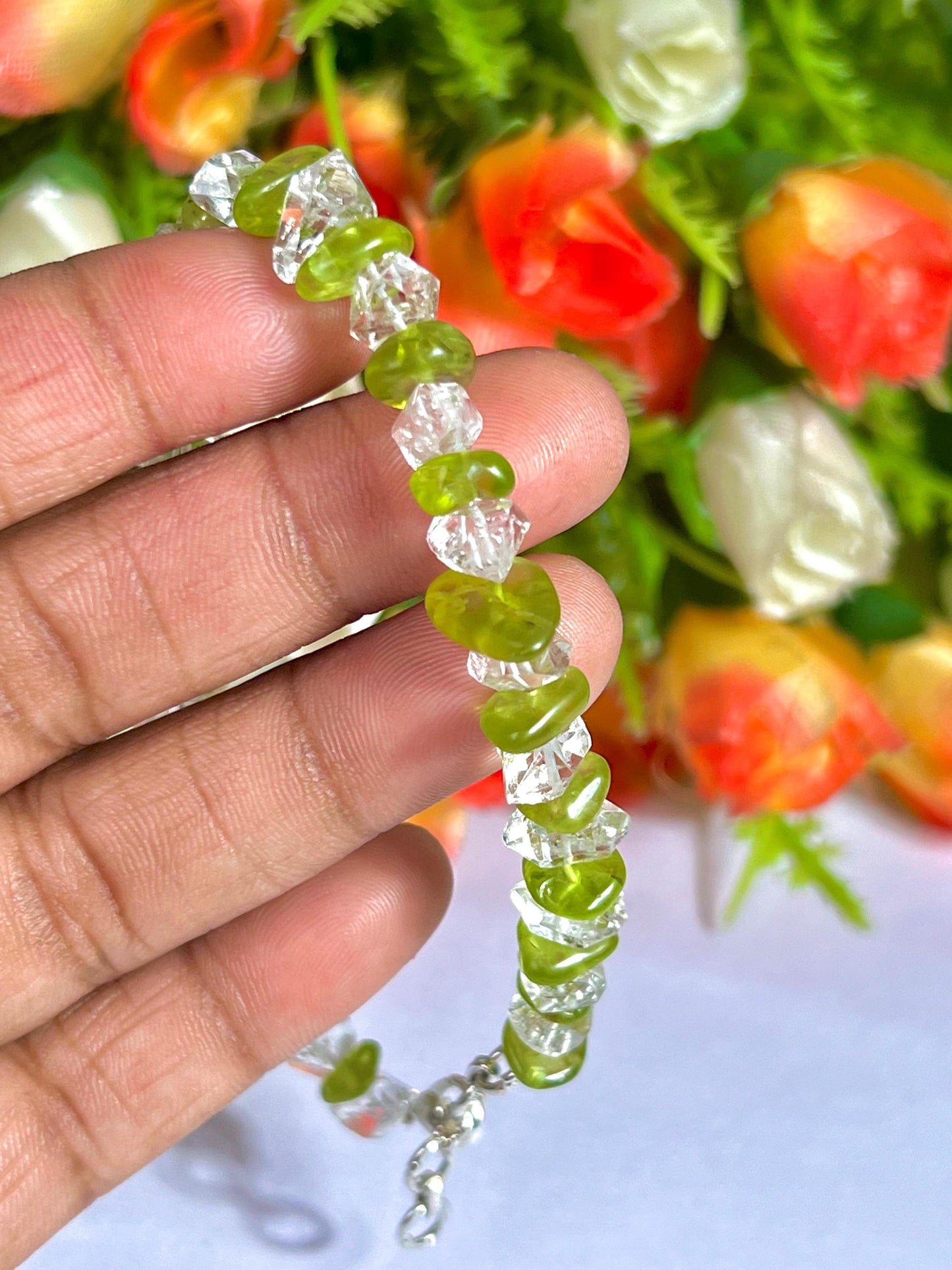 Herkimer Diamond and Peridot Stone Bracelet l Adjustable Bracelet l Unisex Bracelet