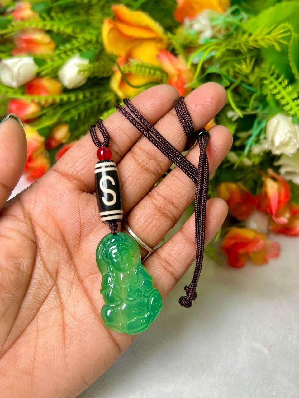 Money Magnet Stone Pendant Green Jade Kwan Yin With Tibetan Hook Dzi and Carnelian Stone Pendant Necklace