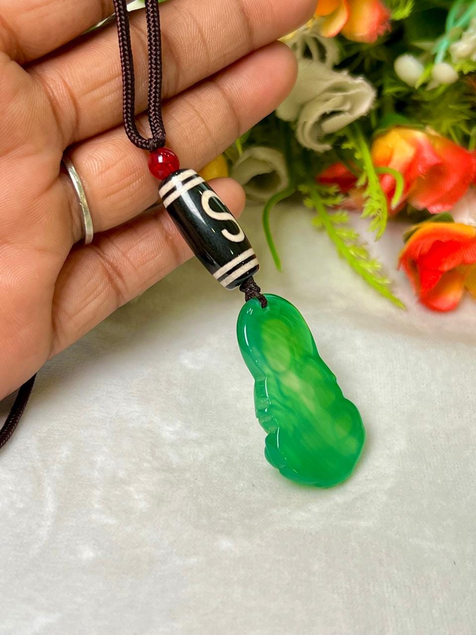 Money Magnet Stone Pendant Green Jade Kwan Yin With Tibetan Hook Dzi and Carnelian Stone Pendant Necklace