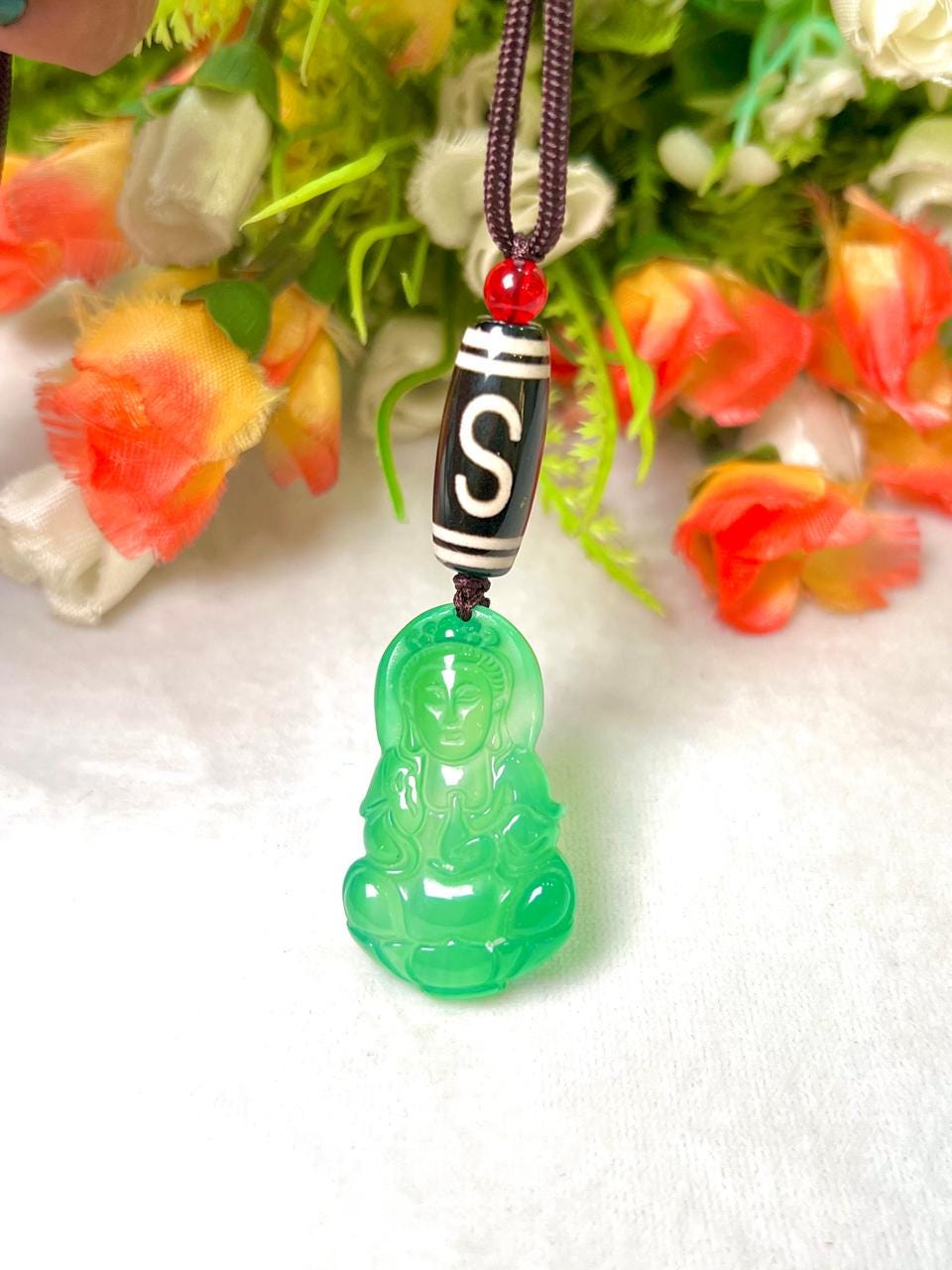 Money Magnet Stone Pendant Green Jade Kwan Yin With Tibetan Hook Dzi and Carnelian Stone Pendant Necklace