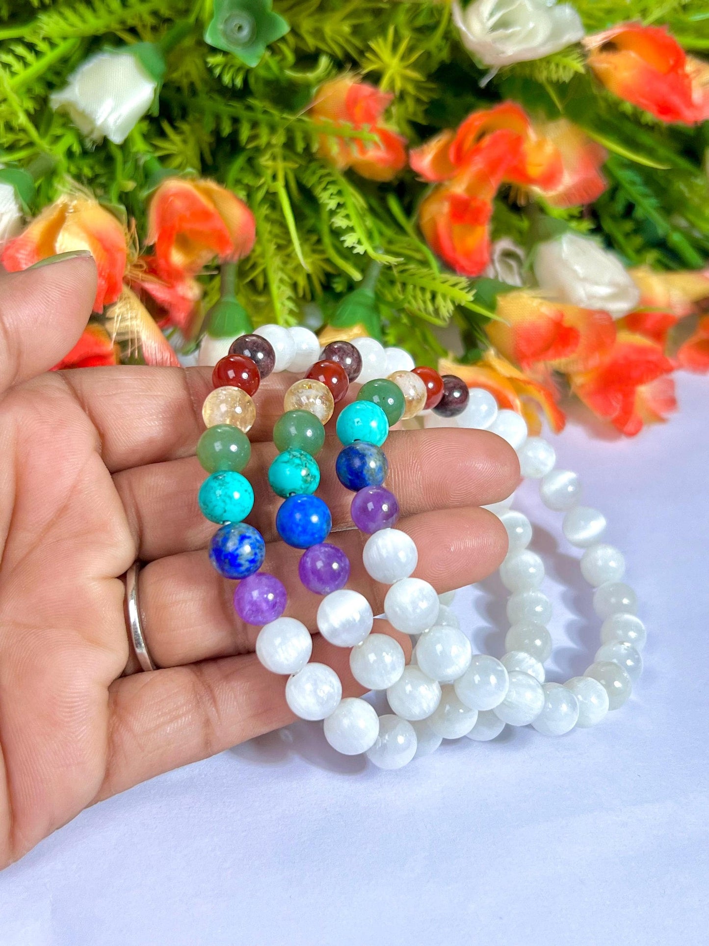7 Chakra With Selenite Stone Bracelet l Stretchable Bracelet l Unisex Bracelet l 8 MM Bracelet
