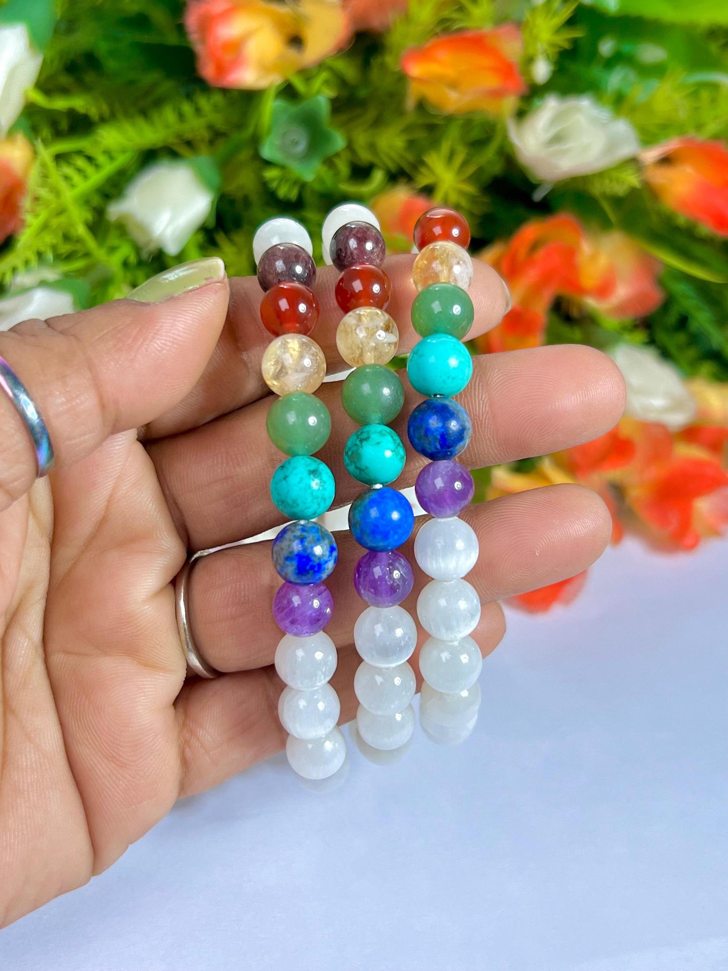 7 Chakra With Selenite Stone Bracelet l Stretchable Bracelet l Unisex Bracelet l 8 MM Bracelet