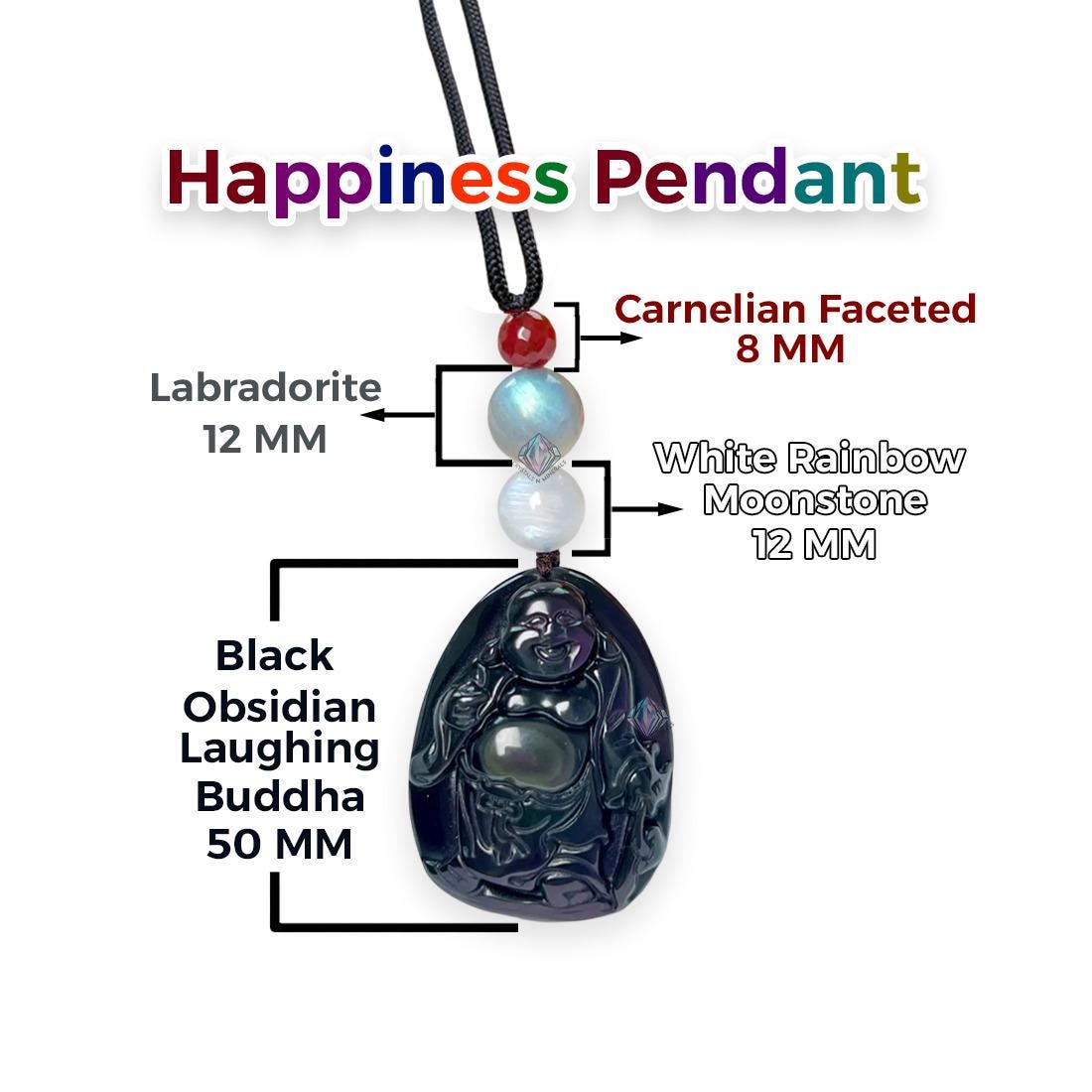 Happiness Stone Pendant Obsidian Laughing Buddha With Labradorite , White Rainbow Moonstone and Carnelian Pendant Necklace