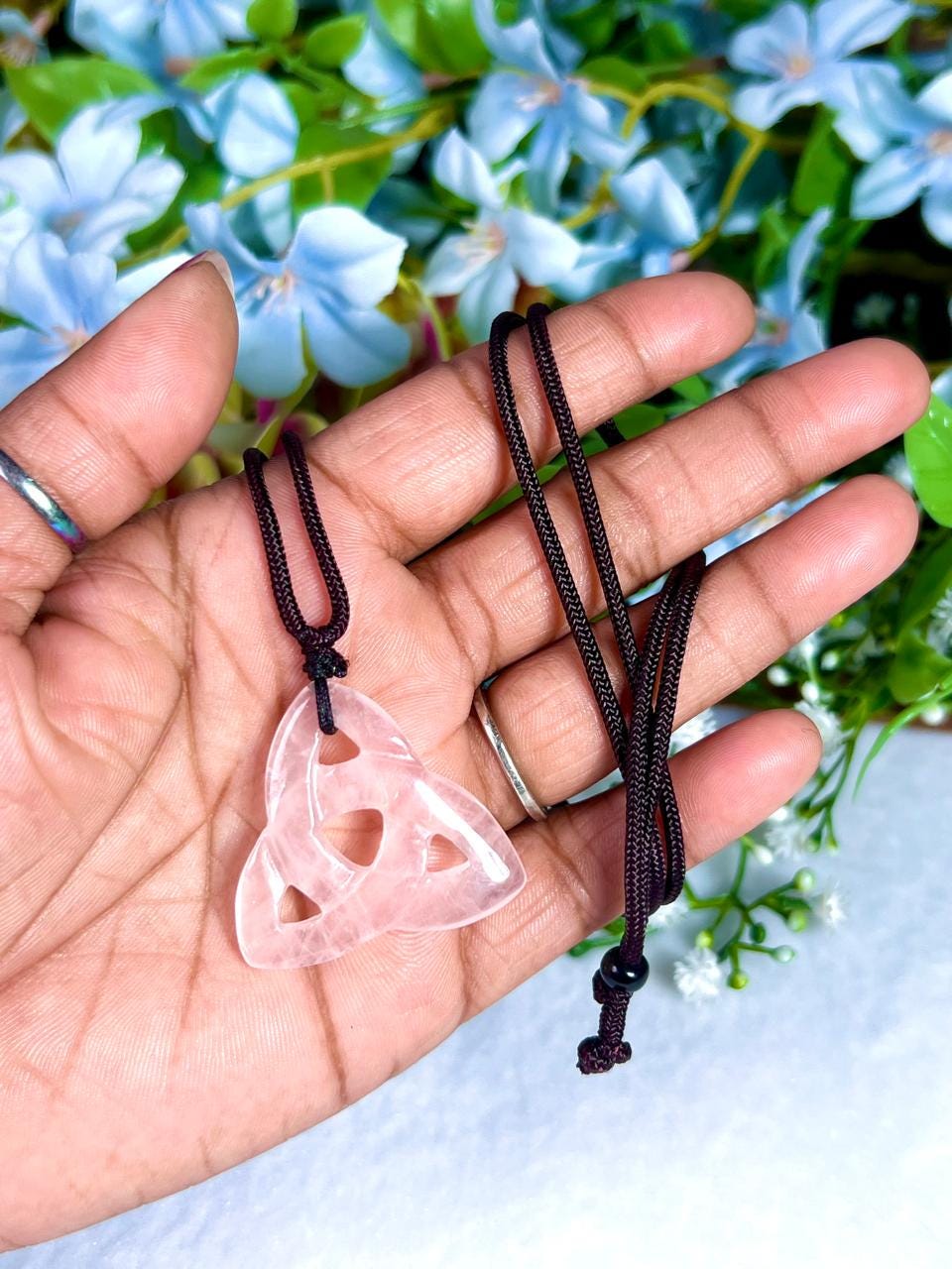 Celtic Trinity Knot Rose Quartz Stone Triquetra Knot Rose Quartz Stone With Long Cord