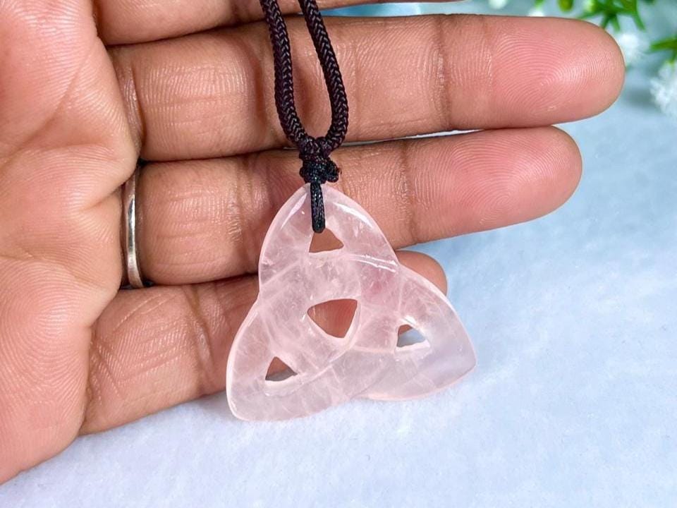 Celtic Trinity Knot Rose Quartz Stone Triquetra Knot Rose Quartz Stone With Long Cord