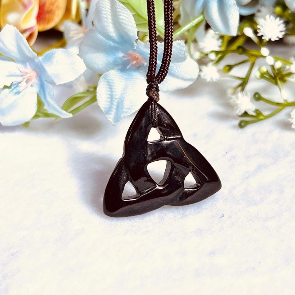 Celtic Trinity Knot Black Obsidian Stone Triquetra Knot Black Obsidian Stone With Long Cord