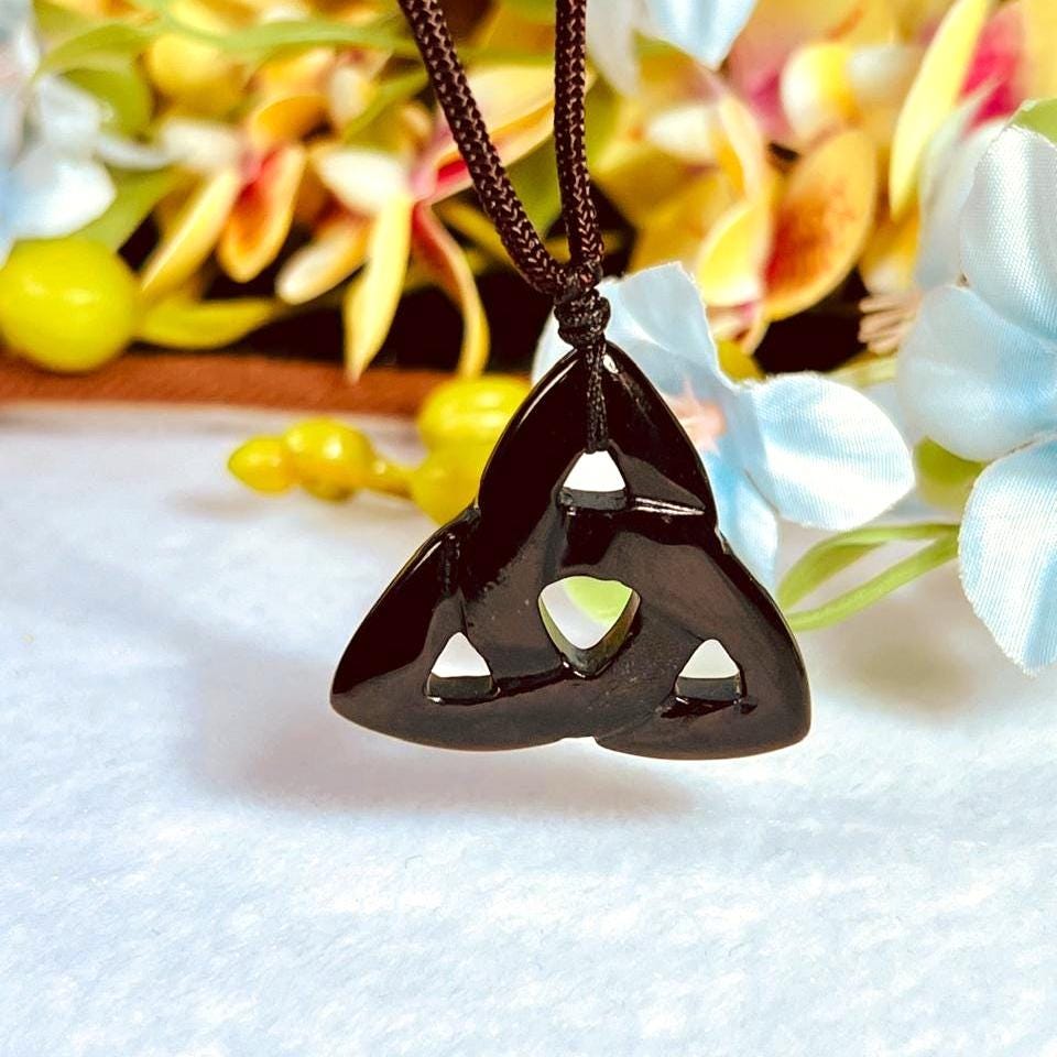 Celtic Trinity Knot Black Obsidian Stone Triquetra Knot Black Obsidian Stone With Long Cord