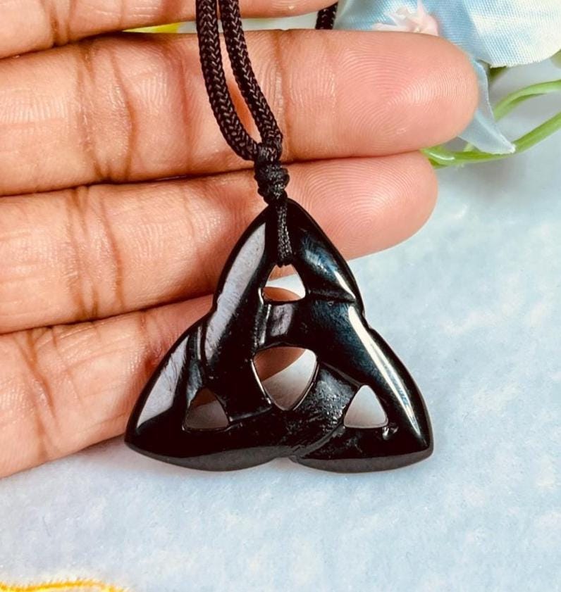 Celtic Trinity Knot Black Obsidian Stone Triquetra Knot Black Obsidian Stone With Long Cord