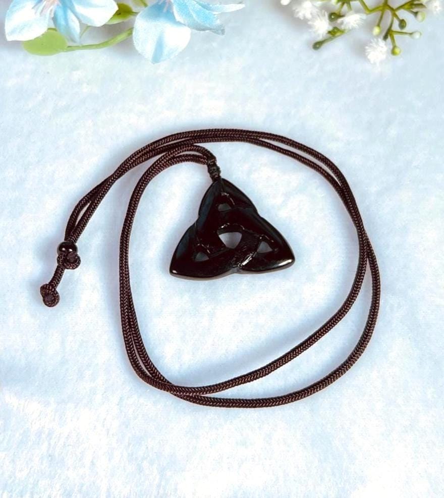 Celtic Trinity Knot Black Obsidian Stone Triquetra Knot Black Obsidian Stone With Long Cord