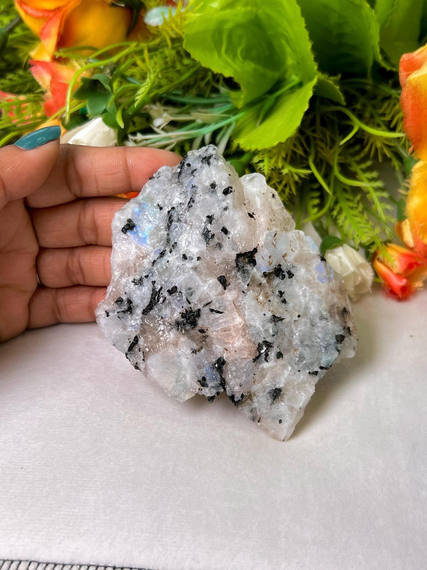Premium White Rainbow Moonstone Crystal Natural Rough Stone with Beautiful Rainbow 198 Gram