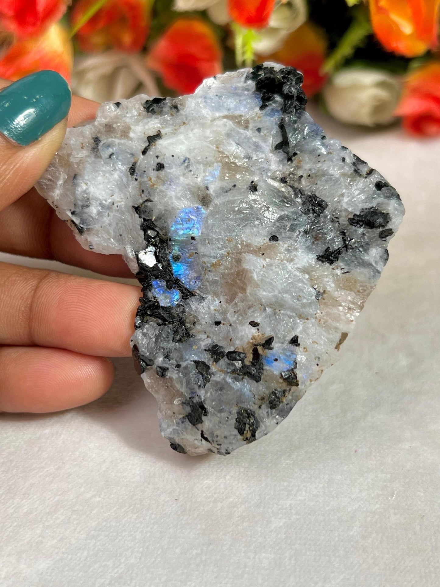 Premium White Rainbow Moonstone Crystal Natural Rough Stone with Beautiful Rainbow 69 Gram