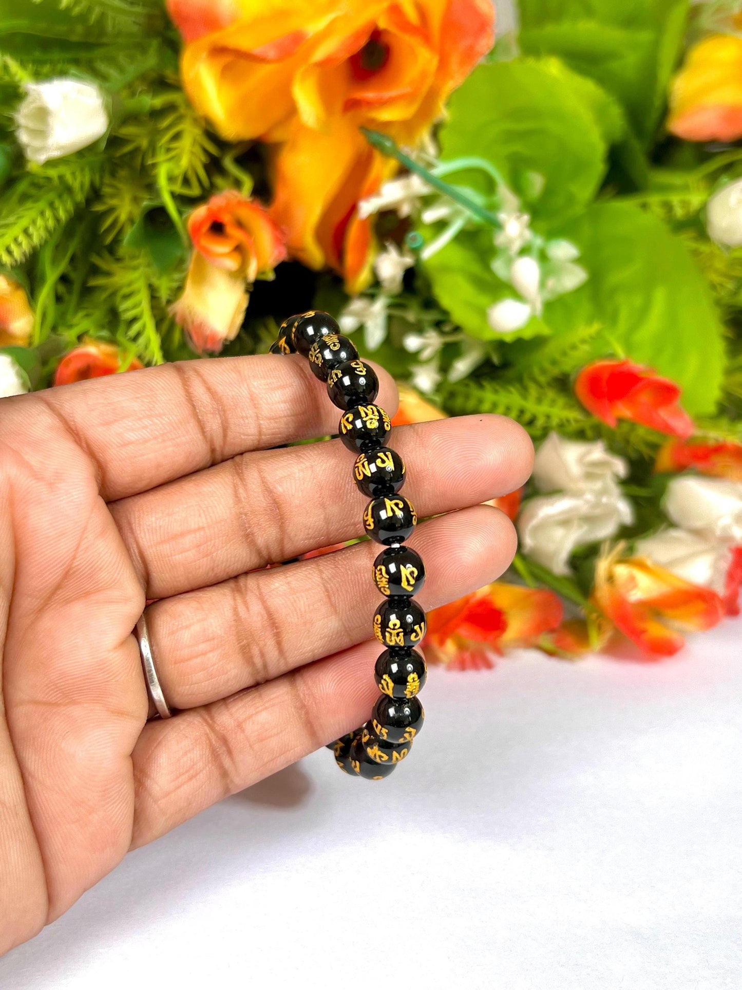 Black Obsidian Om Mani Padme Hum Stone Bracelet l Stretchable Bracelet l Unisex Bracelet l 8 MM Bracelet