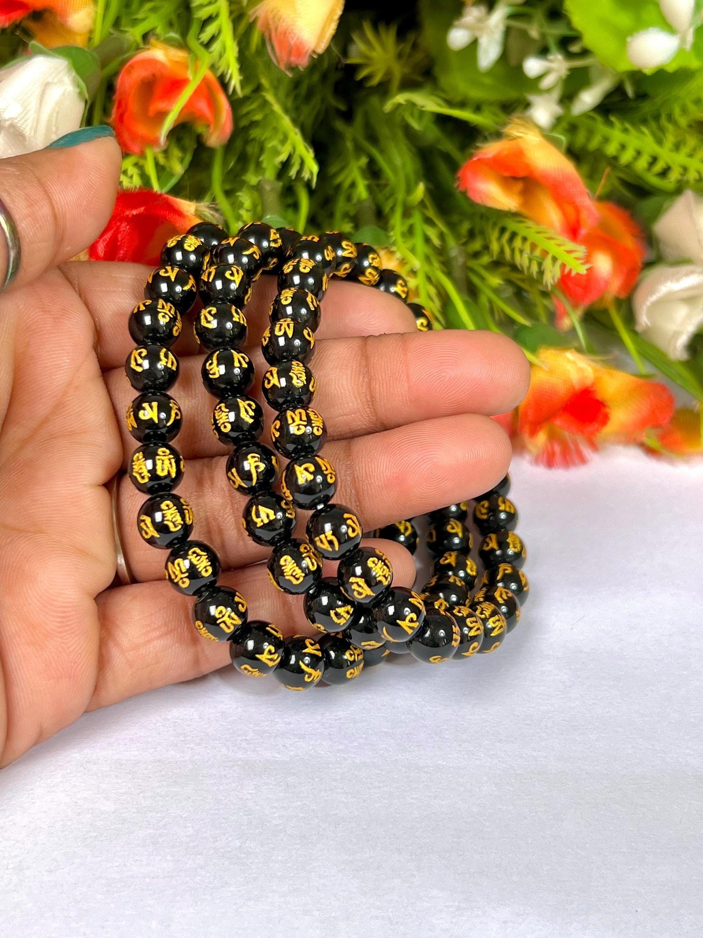 Black Obsidian Om Mani Padme Hum Stone Bracelet l Stretchable Bracelet l Unisex Bracelet l 8 MM Bracelet
