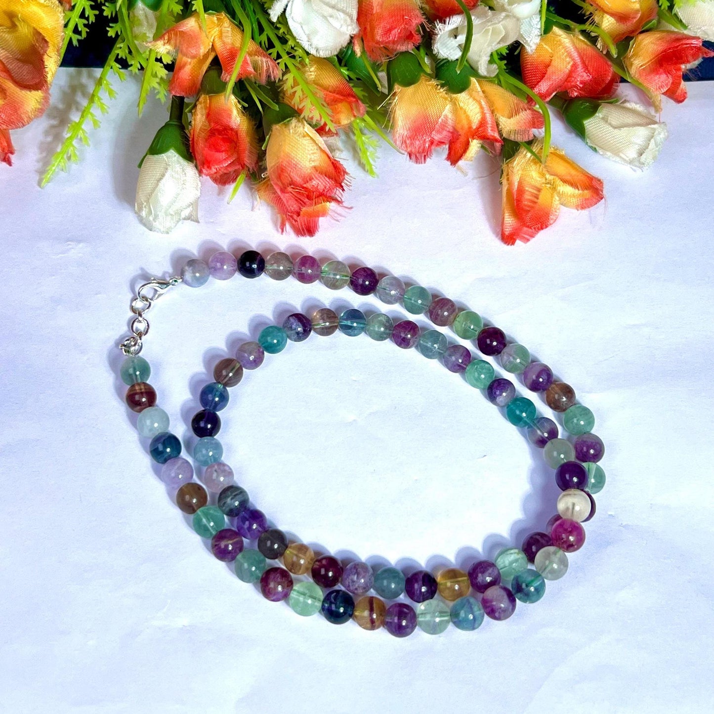 8 MM Rainbow Green Fluorite Stone Necklace 24 Inch