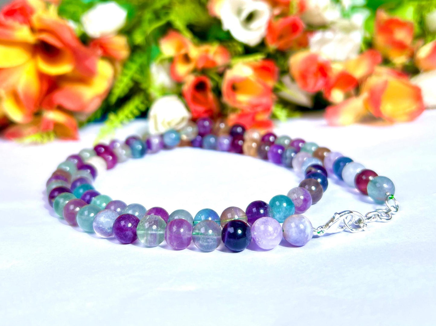 8 MM Rainbow Green Fluorite Stone Necklace 24 Inch