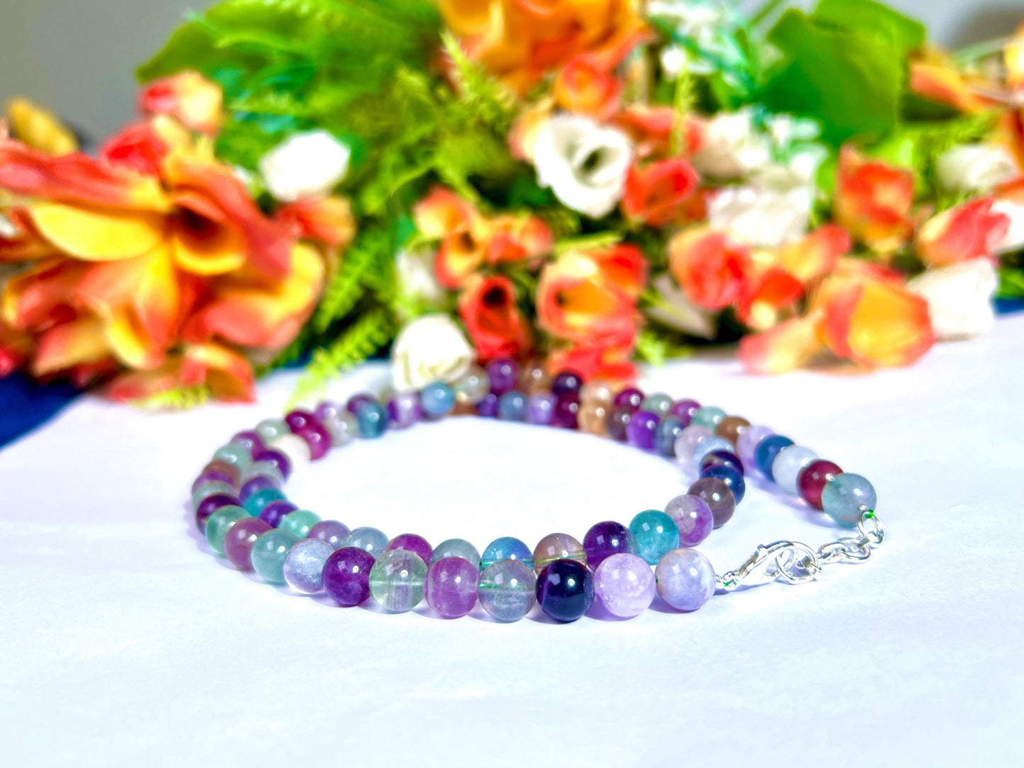 8 MM Rainbow Green Fluorite Stone Necklace 24 Inch