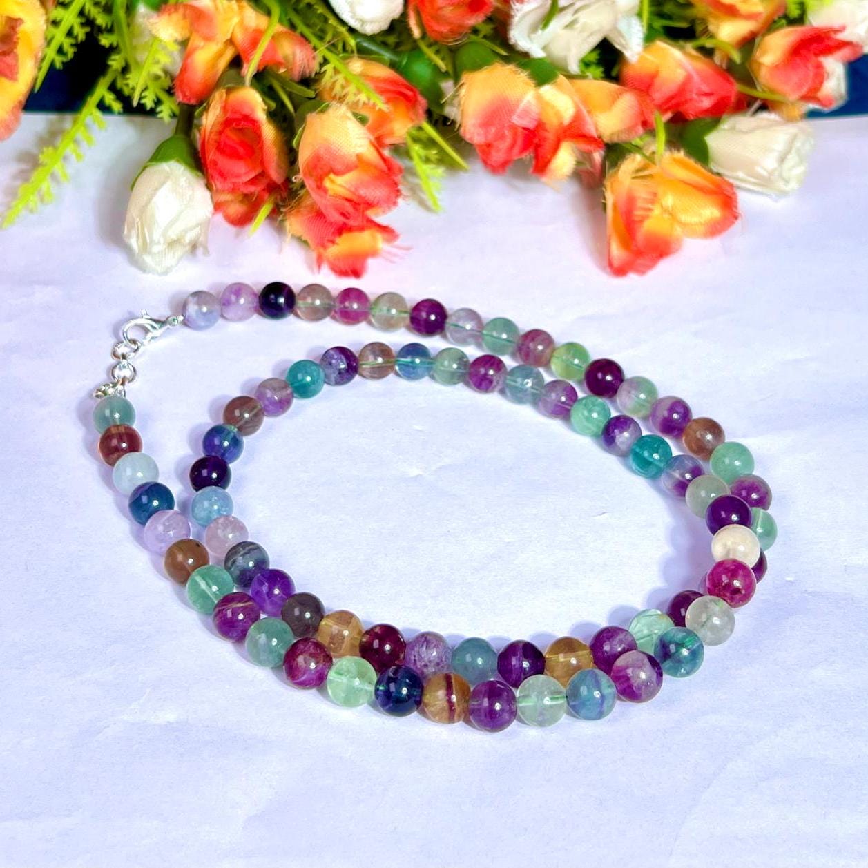 8 MM Rainbow Green Fluorite Stone Necklace 24 Inch