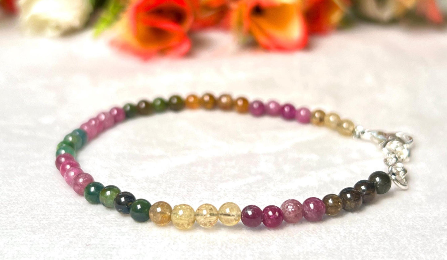 4 MM Watermelon Tourmaline Stone Bracelet l Stretchable Bracelet l Unisex Bracelet