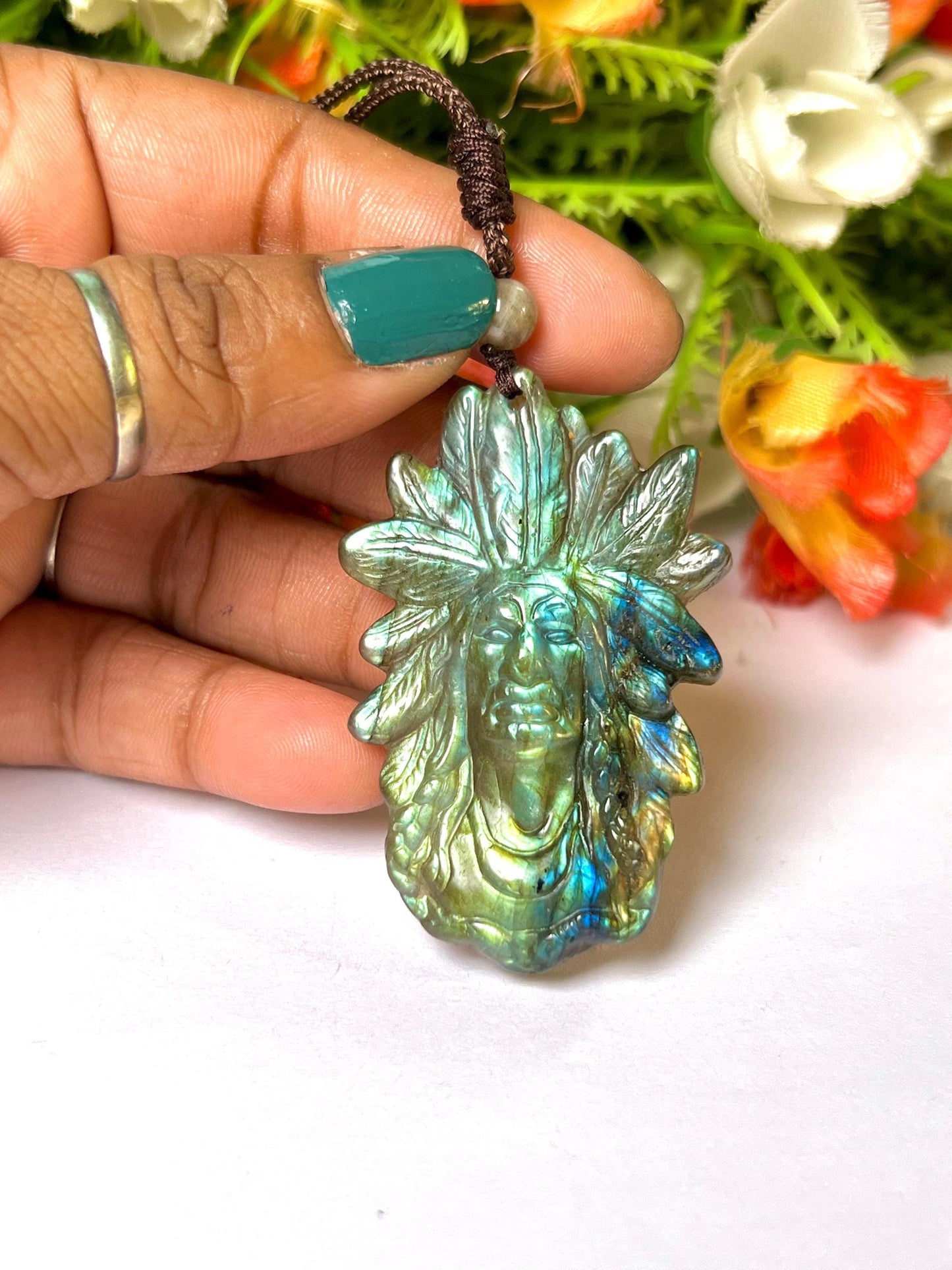 2.1" Ancient Spirit of the Aurora Labradorite Stone Carving Pendant Necklace With Long Cord Home Decoration, Reiki healing Gift for All