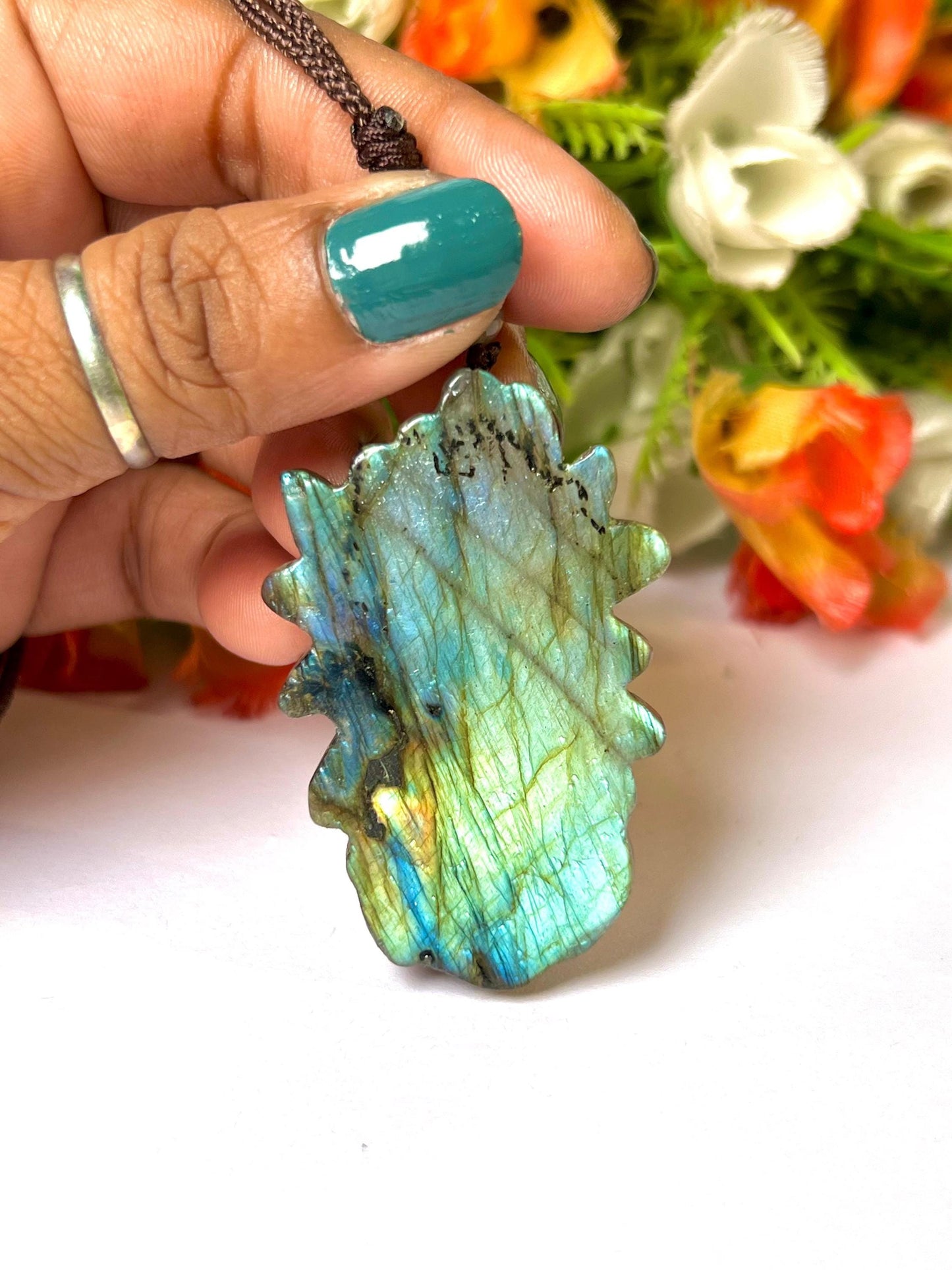 2.1" Ancient Spirit of the Aurora Labradorite Stone Carving Pendant Necklace With Long Cord Home Decoration, Reiki healing Gift for All