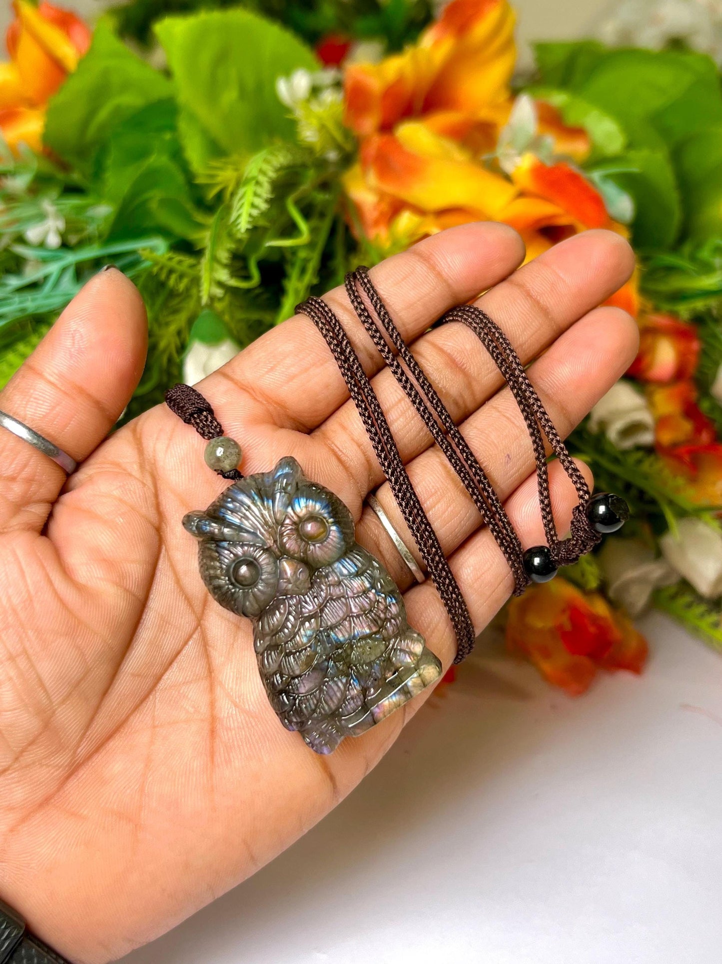 2.1" Labradorite Stone Owl Carving Pendant Necklace With Long Cord Home Decoration, Reiki healing Gift for All