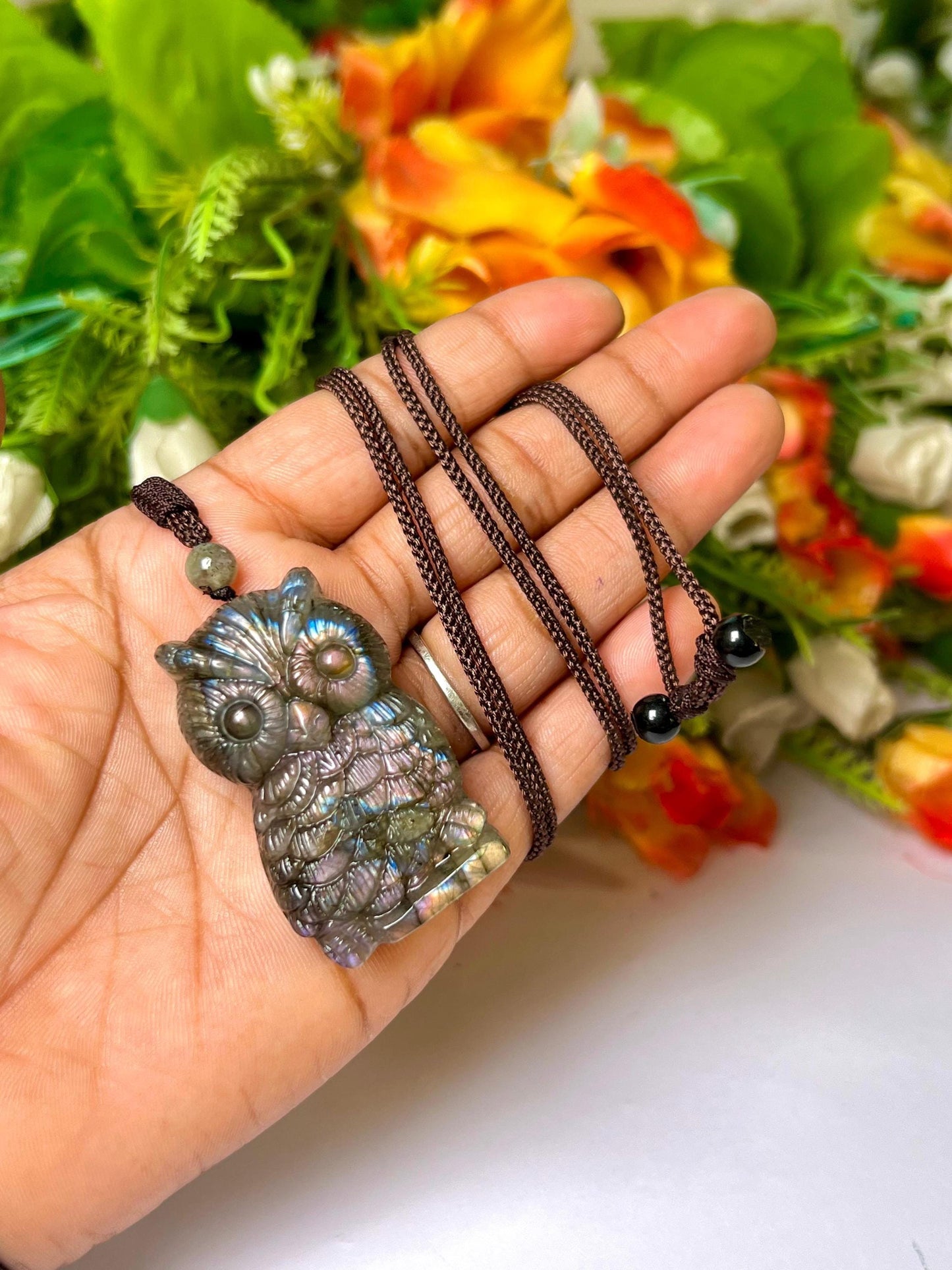 2.1" Labradorite Stone Owl Carving Pendant Necklace With Long Cord Home Decoration, Reiki healing Gift for All