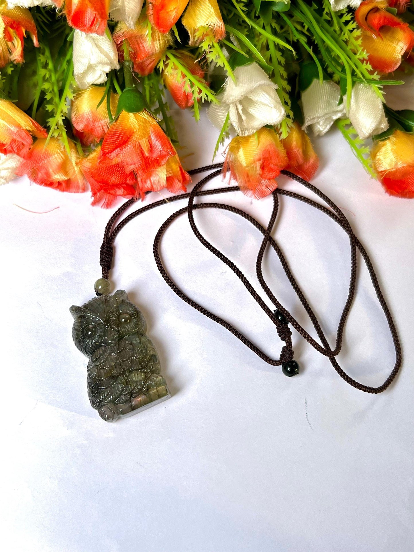 2.1" Labradorite Stone Owl Carving Pendant Necklace With Long Cord Home Decoration, Reiki healing Gift for All