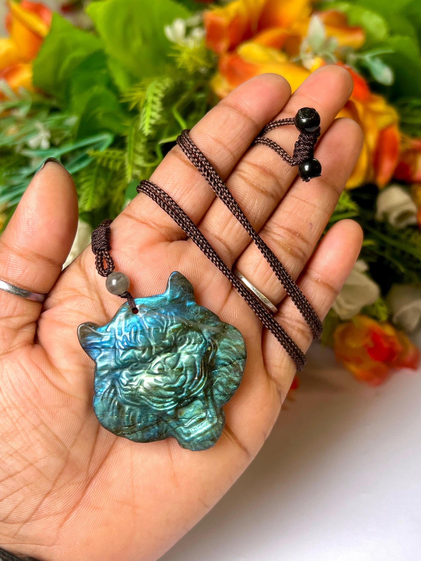 2.1" Labradorite Stone Tiger Face Carving Pendant Necklace With Long Cord Home Decoration, Reiki healing Gift for All