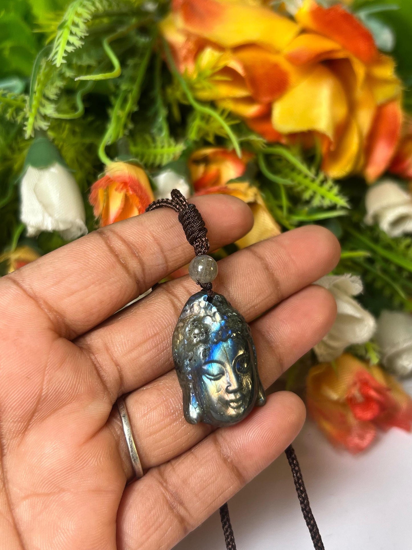 1.1" Labradorite Stone Buddha Face Carving Pendant Necklace With Long Cord Home Decoration, Reiki healing Gift for All