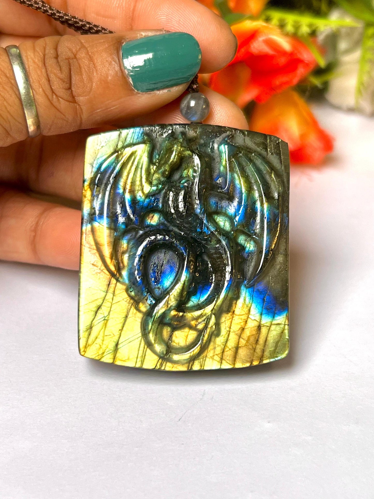 2.1" Labradorite Stone Dragon Skull Carving Pendant Necklace With Long Cord Home Decoration, Reiki healing Gift for All