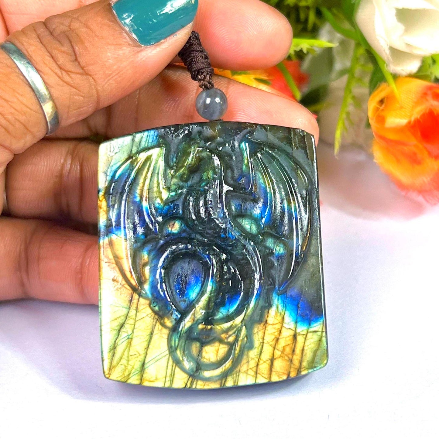 2.1" Labradorite Stone Dragon Skull Carving Pendant Necklace With Long Cord Home Decoration, Reiki healing Gift for All