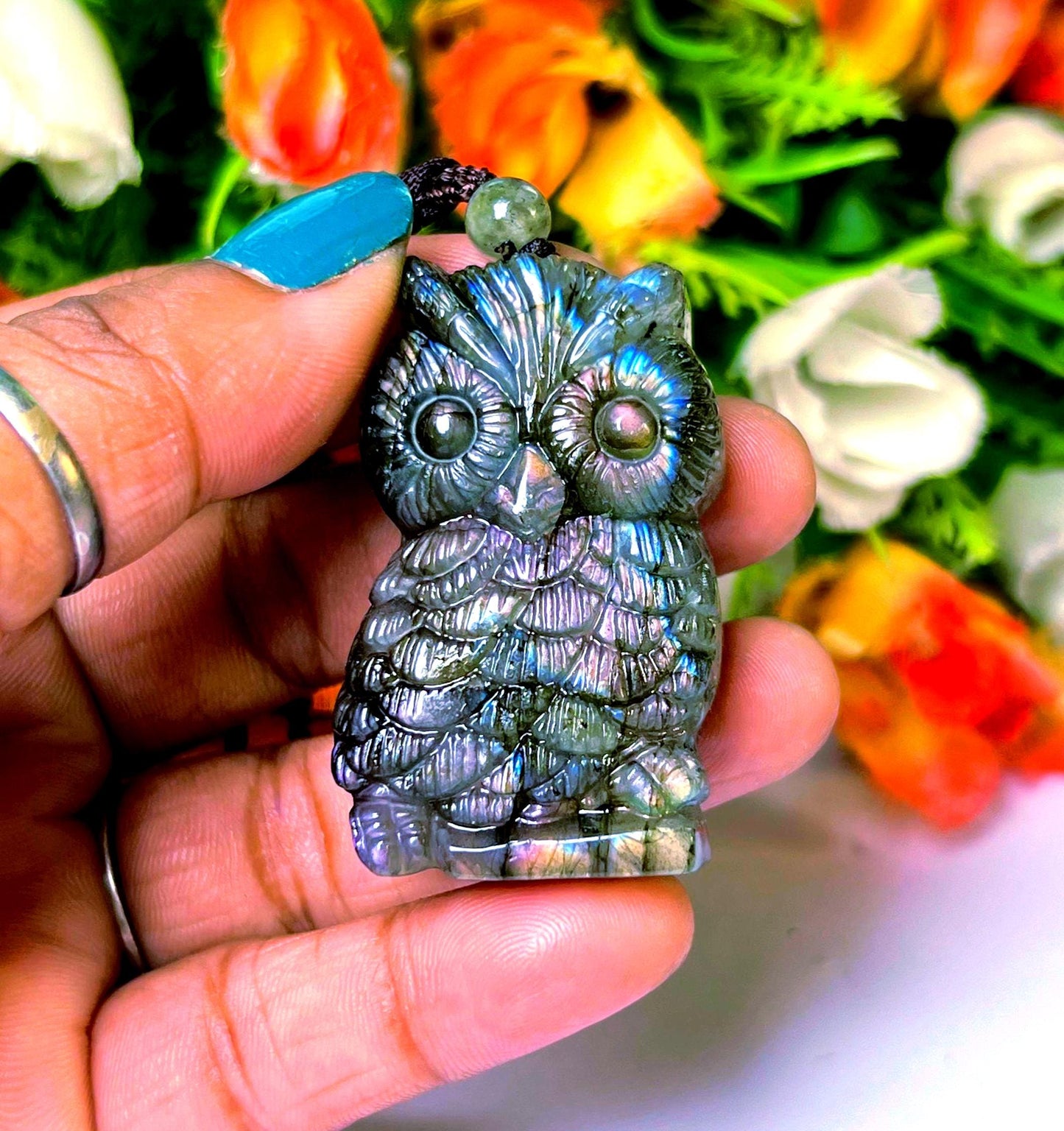 2.1" Labradorite Stone Owl Carving Pendant Necklace With Long Cord Home Decoration, Reiki healing Gift for All