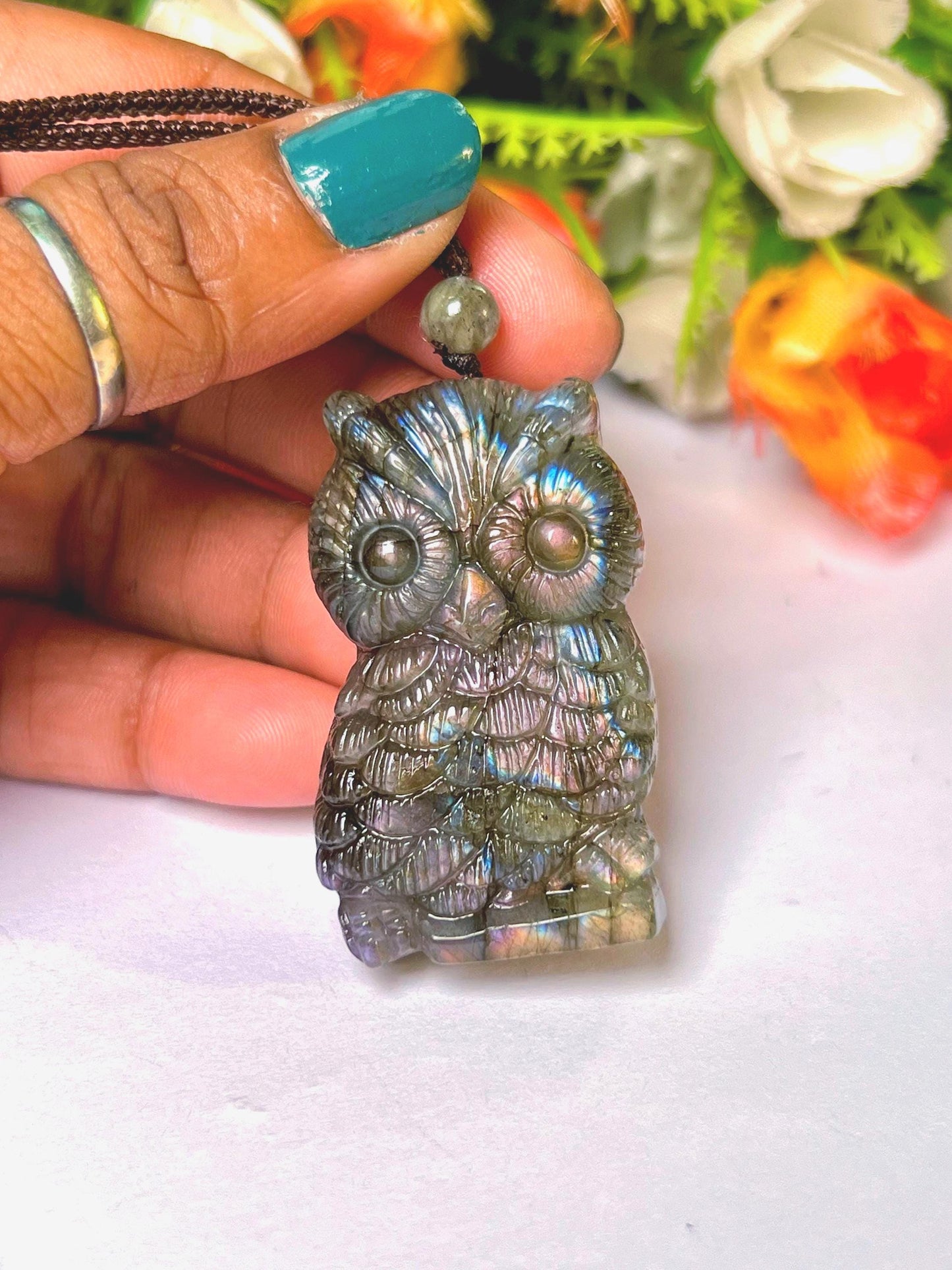 2.1" Labradorite Stone Owl Carving Pendant Necklace With Long Cord Home Decoration, Reiki healing Gift for All