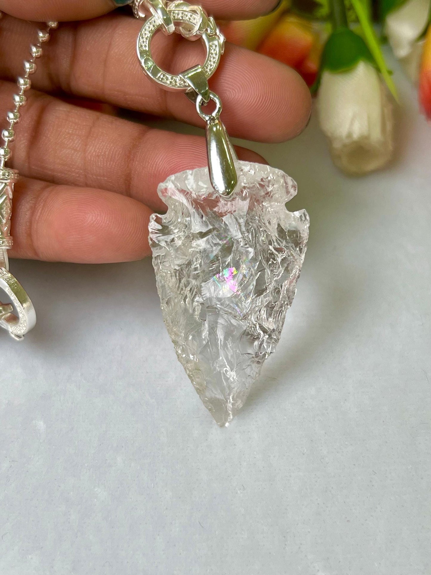 Satyaloka Azeztulite Stone Crystal Arrowhead Necklace for Women Silver Chain Necklace, Crystal Jewelry, Mothers Day Gift (Free Velvet Pouch)