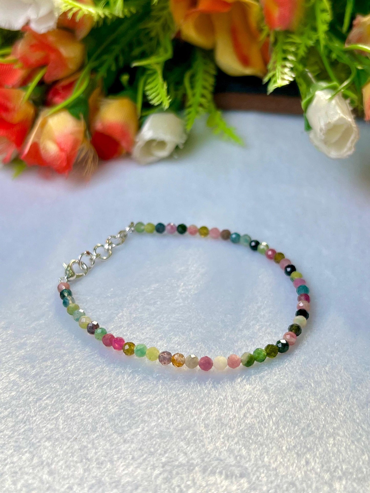 2 MM Delicate Watermelon Tourmaline Cutting Stone Minimalist Bracelet Dainty Bracelet Fit for 6 Inch to 7.5 Inch Wrist