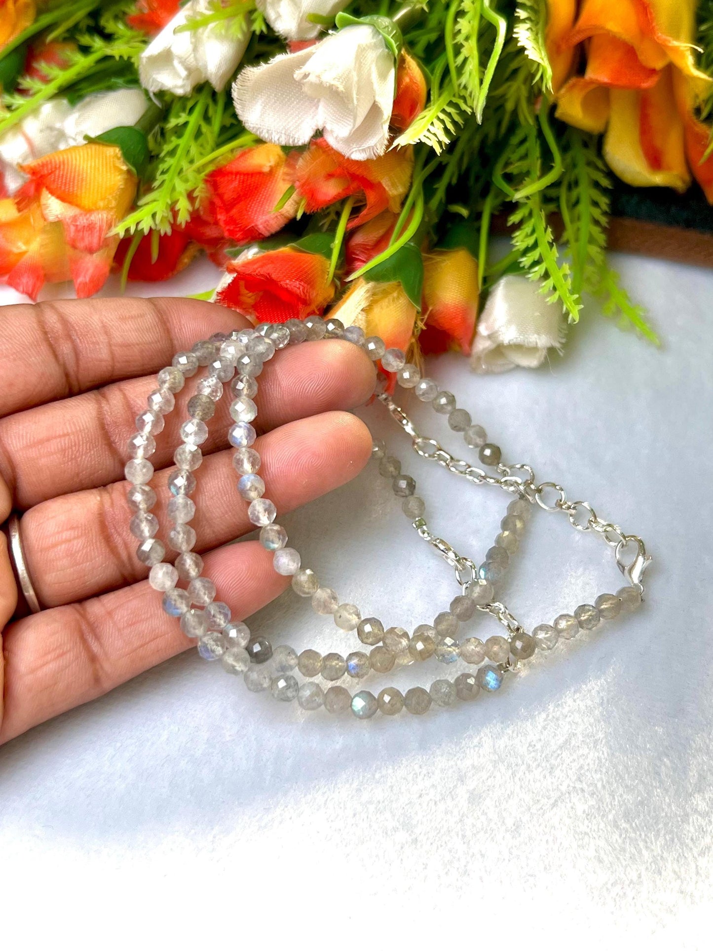 4 MM Delicate Labradorite Cutting Stone Minimalist Bracelet Dainty Bracelet Fit for 6 Inch to 7.5 Inch Wrist