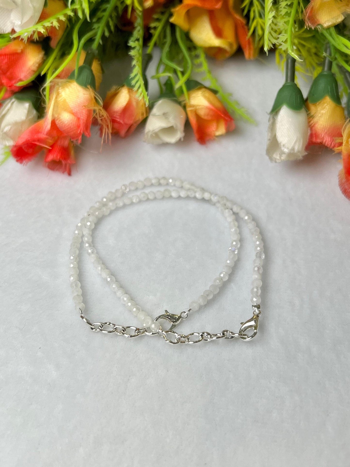 2 MM Delicate Rainbow Moonstone Cutting Stone Minimalist Bracelet Dainty Bracelet Fit for 6 Inch to 7.5 Inch Wrist