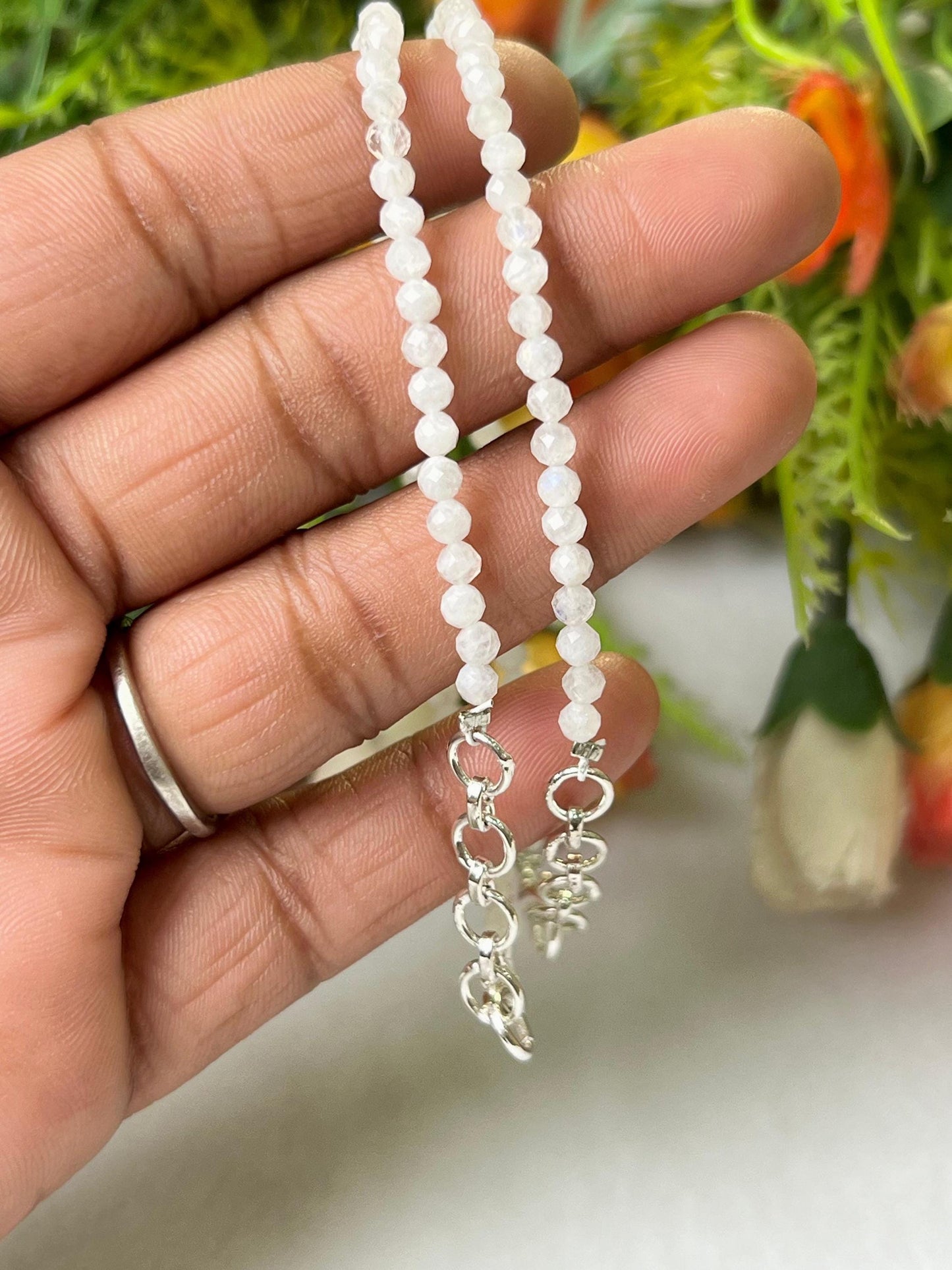 2 MM Delicate Rainbow Moonstone Cutting Stone Minimalist Bracelet Dainty Bracelet Fit for 6 Inch to 7.5 Inch Wrist